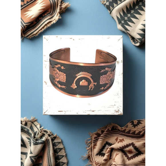 Vintage Native SW Solid Copper Cuff Bracelet Buffalo Dancer & Rainbow Yei Design - Picture 1 of 10